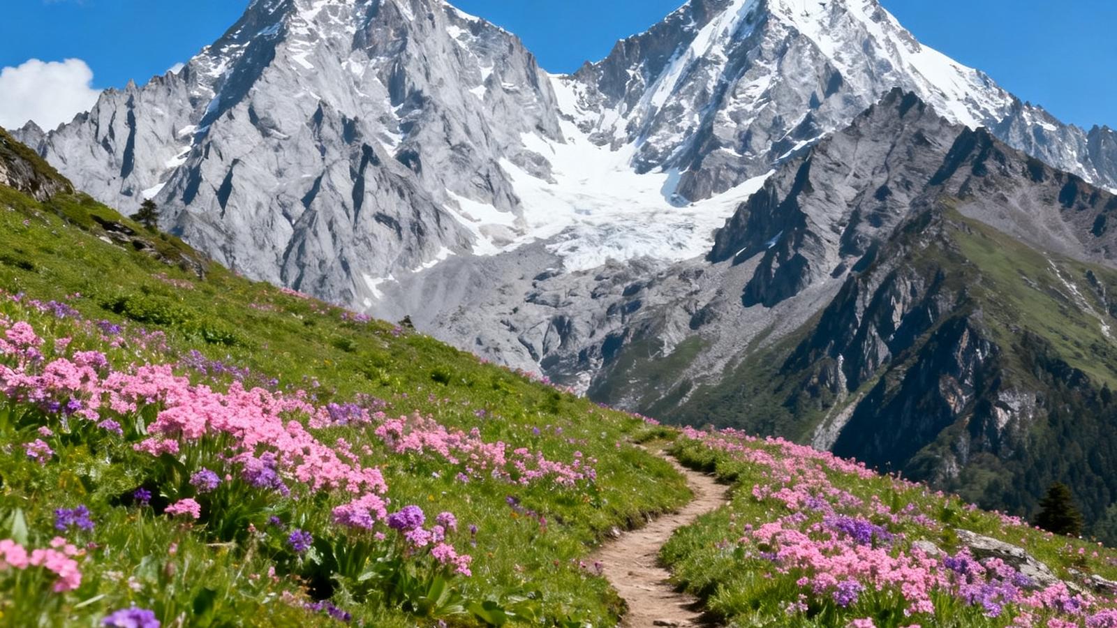四姑娘山大峰至二峰穿越线夏季风光，高山草甸上野花盛开，蓝天白云下两座雪峰并肩而立，徒步小径蜿蜒穿过花海