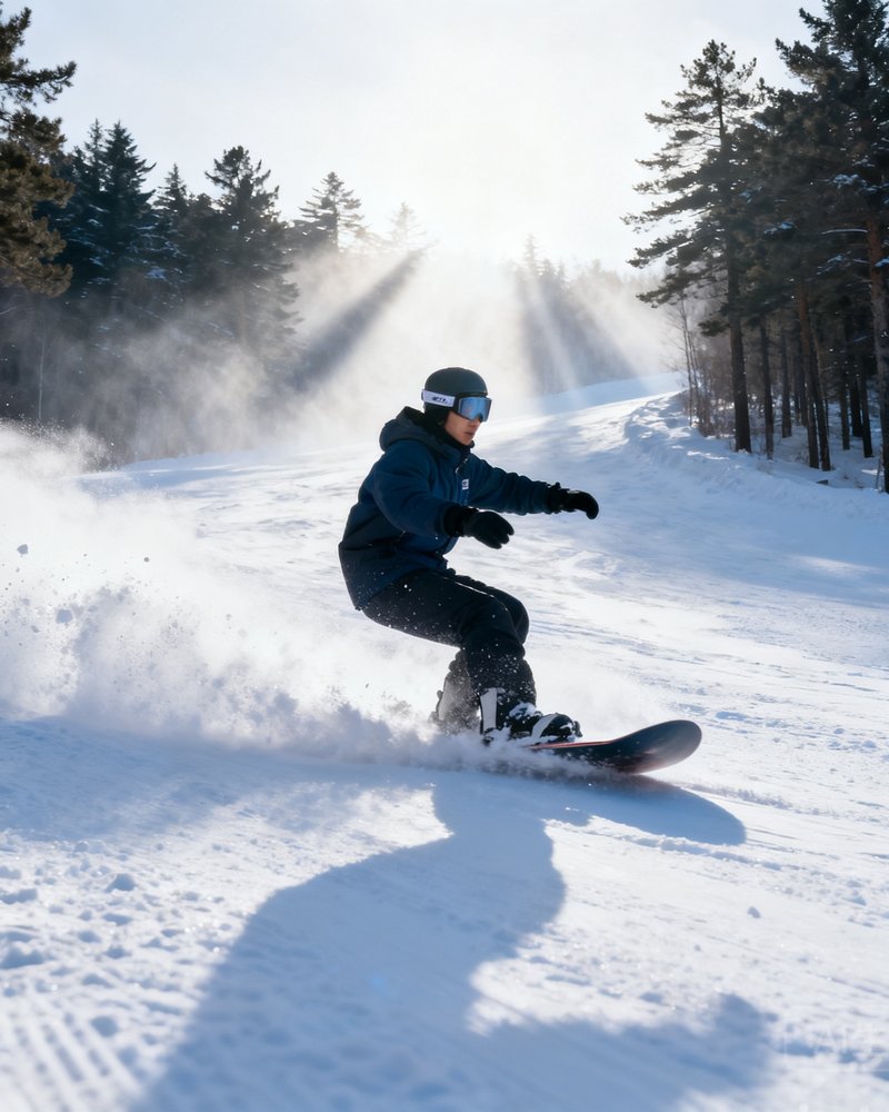 冰雪运动教练林雪在长白山国际度假区的雪道上进行单板教学演示，她正做出一个标准的刻滑转弯动作，激起一片雪雾
